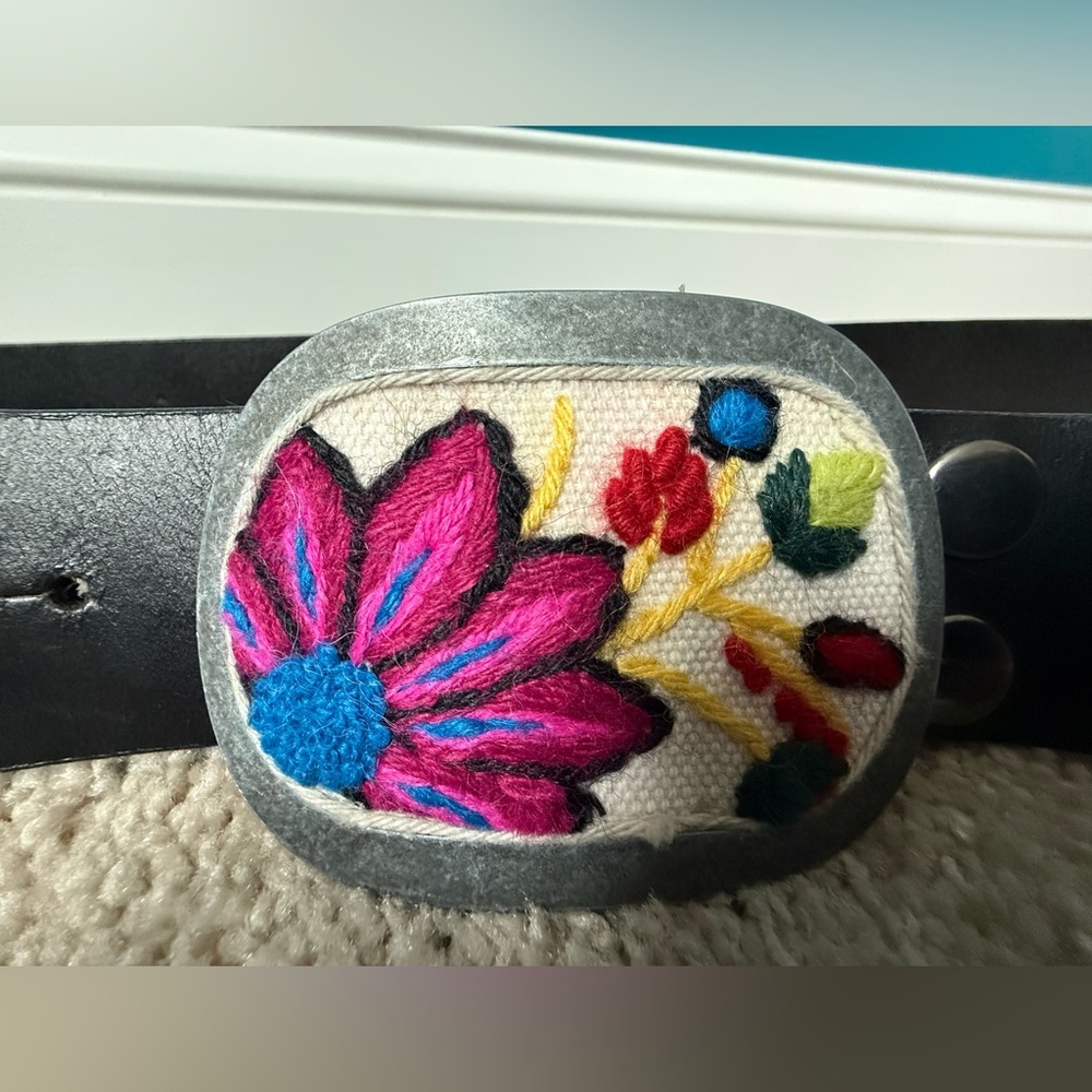 Pistil Black Belt with Colorful Floral Buckle